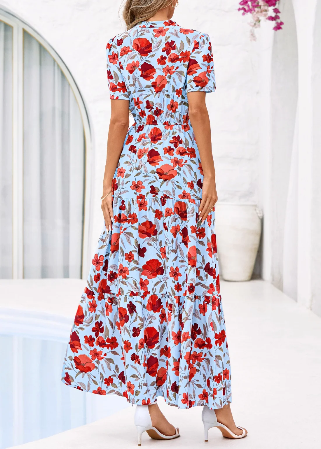 KIRUNDO Floral Flowy Boho Maxi Dress in Blue Red Flower, view 3