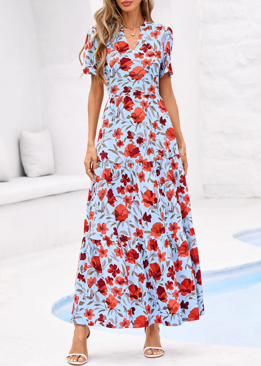KIRUNDO Floral Flowy Boho Maxi Dress in Blue Red Flower, view 5