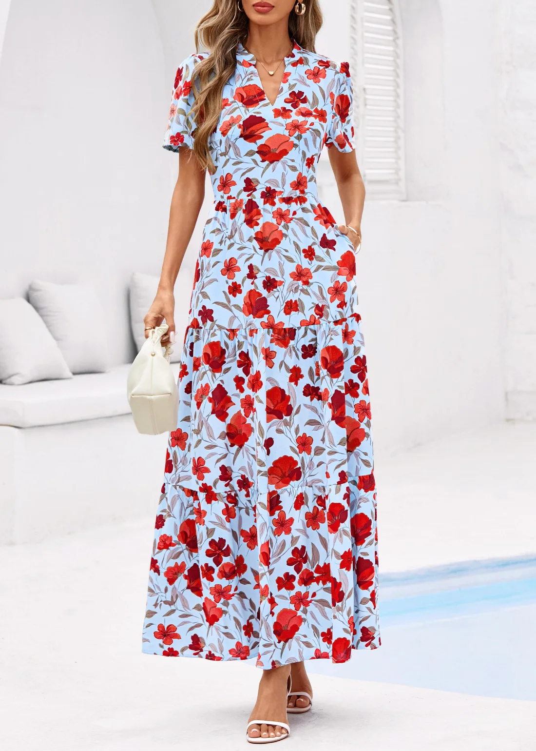 KIRUNDO Floral Flowy Boho Maxi Dress in Blue Red Flower, view 6