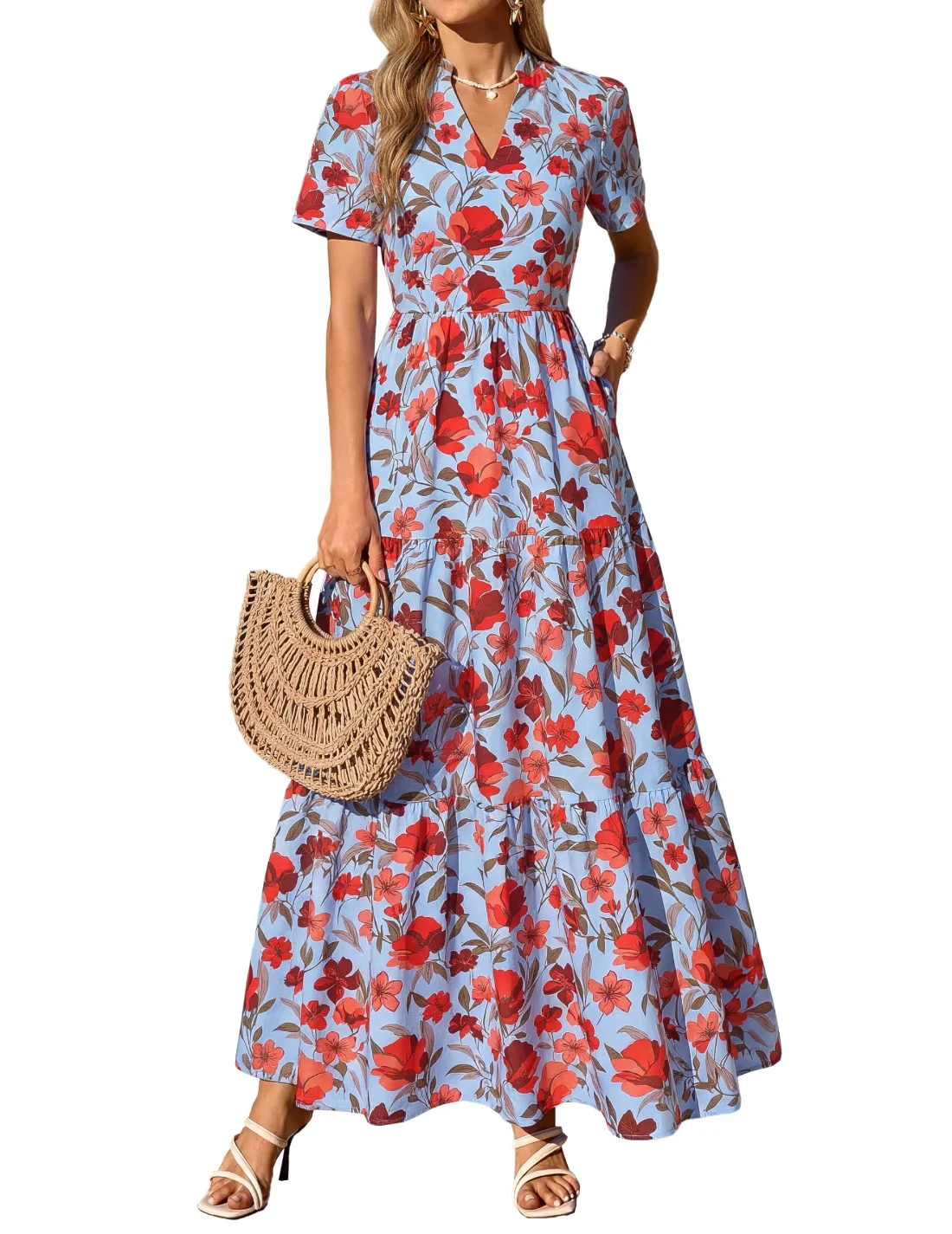 KIRUNDO Floral Flowy Boho Maxi Dress in Blue Red Flower