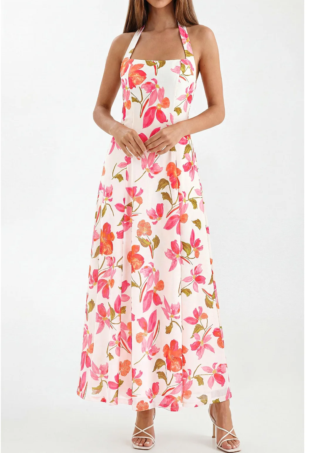 KIRUNDO Floral Halter Maxi Dress in White, view 3