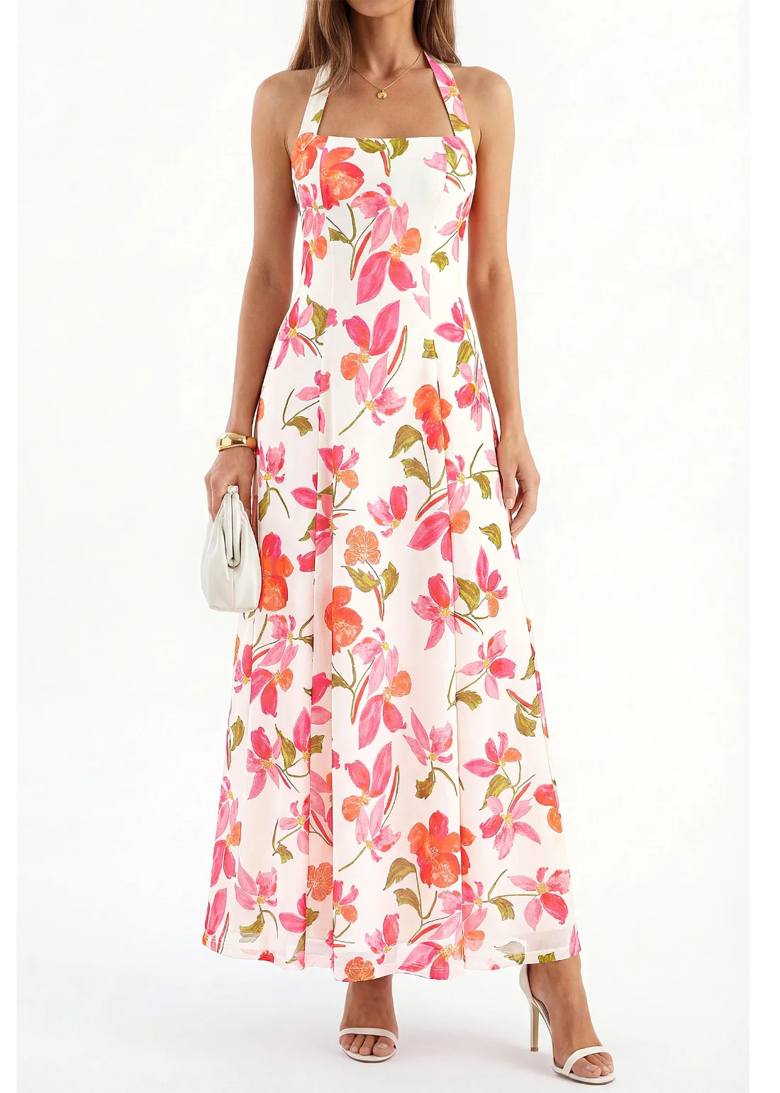 KIRUNDO Floral Halter Maxi Dress in White, view 4