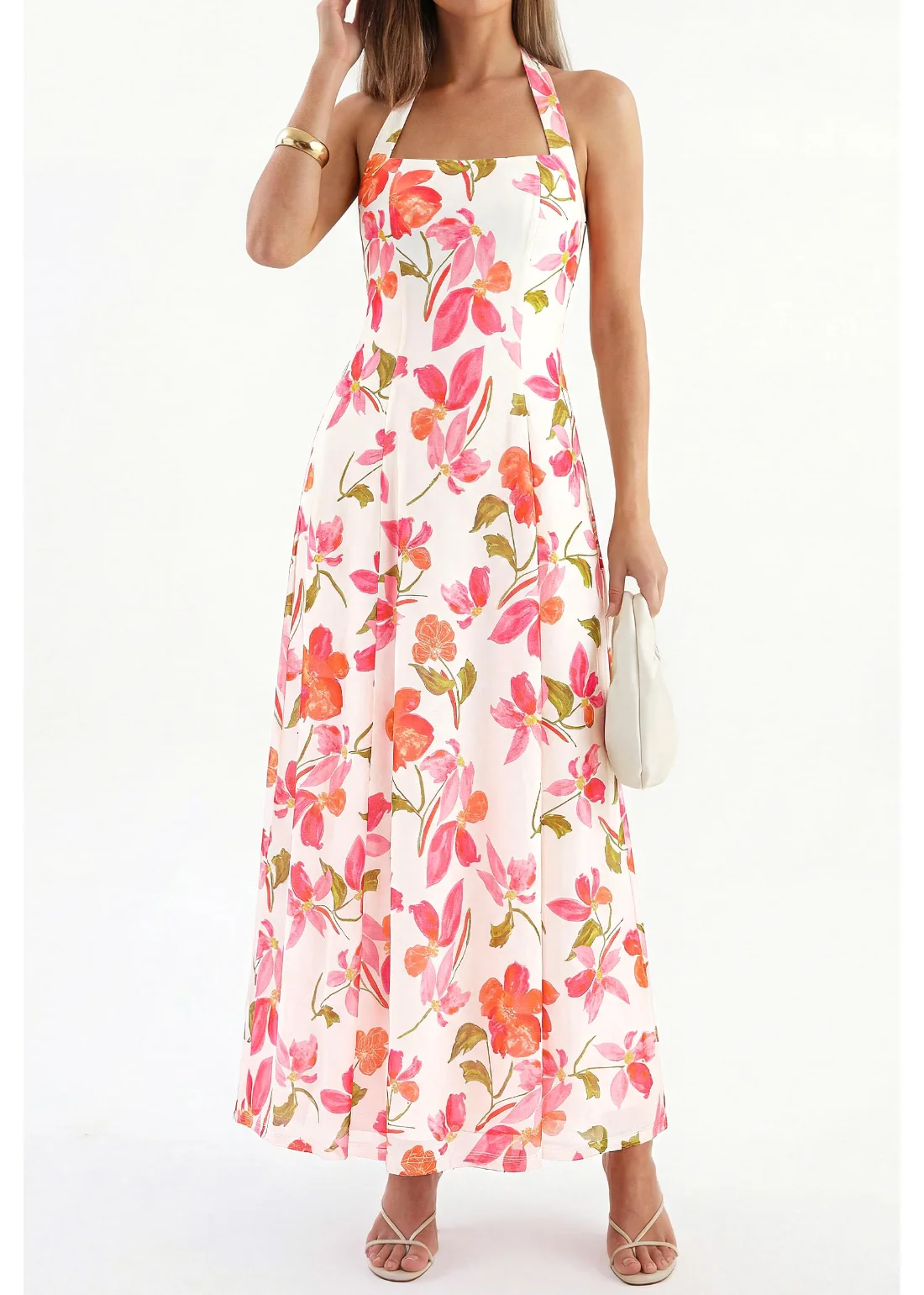 KIRUNDO Floral Halter Maxi Dress in White, view 5
