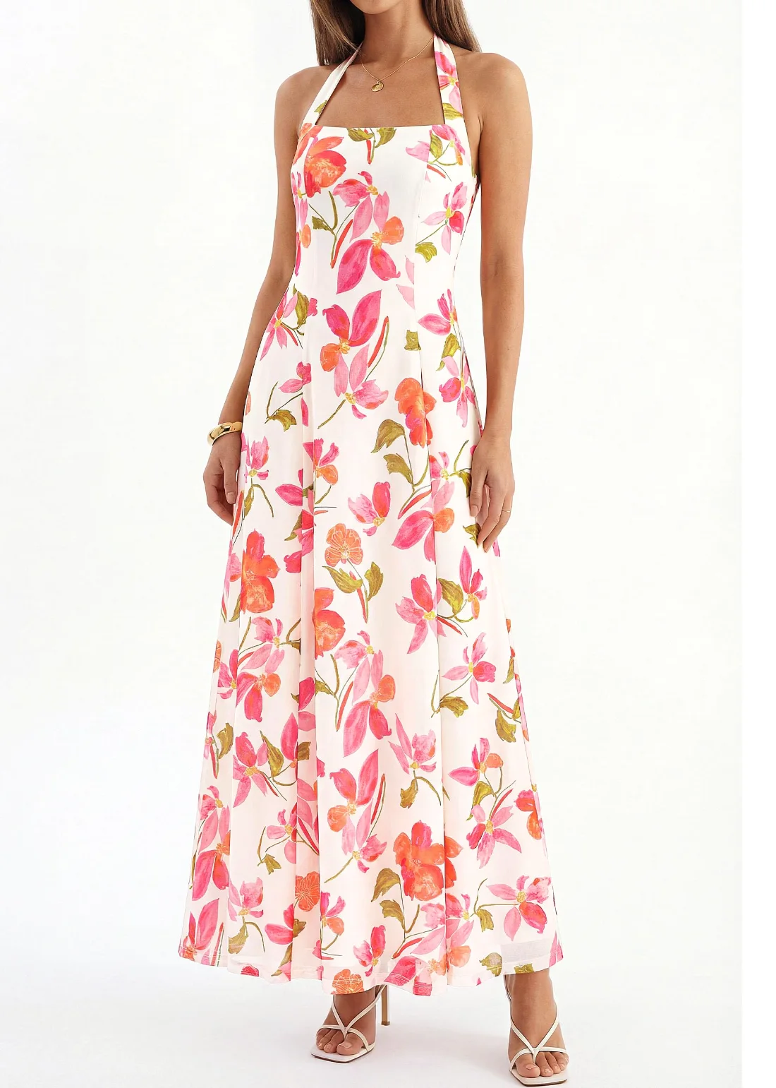KIRUNDO Floral Halter Maxi Dress in White, view 6