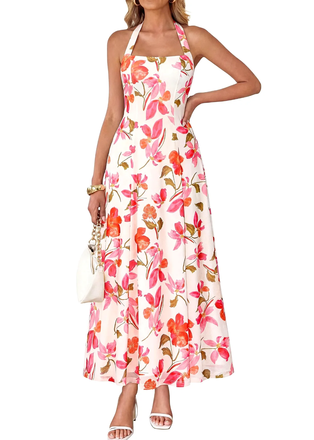 KIRUNDO Floral Halter Maxi Dress in White