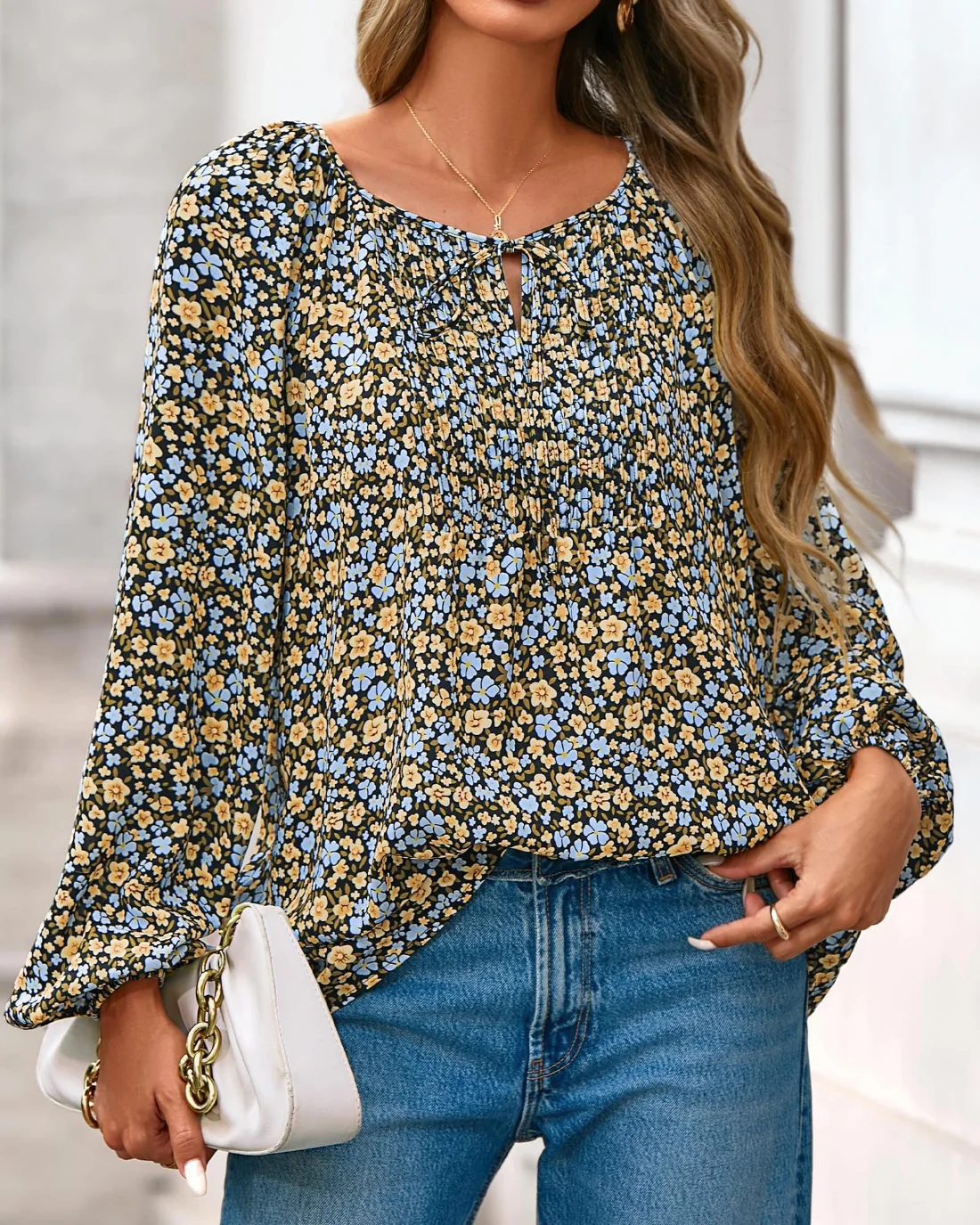 KIRUNDO Floral Long Sleeve Drawstring Blouse in Black Yellow, view 4
