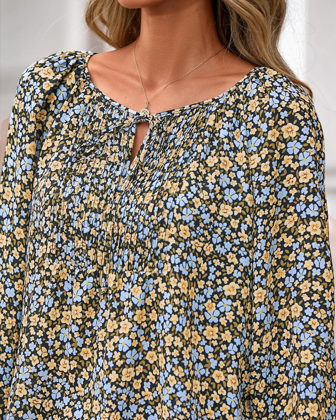 KIRUNDO Floral Long Sleeve Drawstring Blouse in Black Yellow, view 6