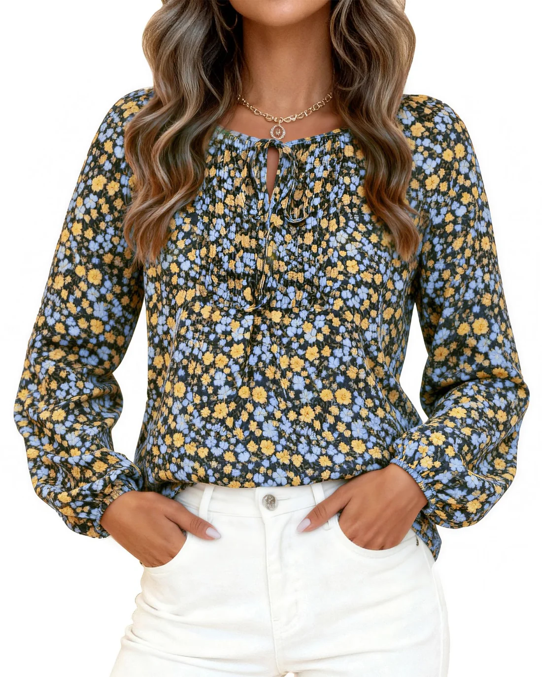 KIRUNDO Floral Long Sleeve Drawstring Blouse in Black Yellow