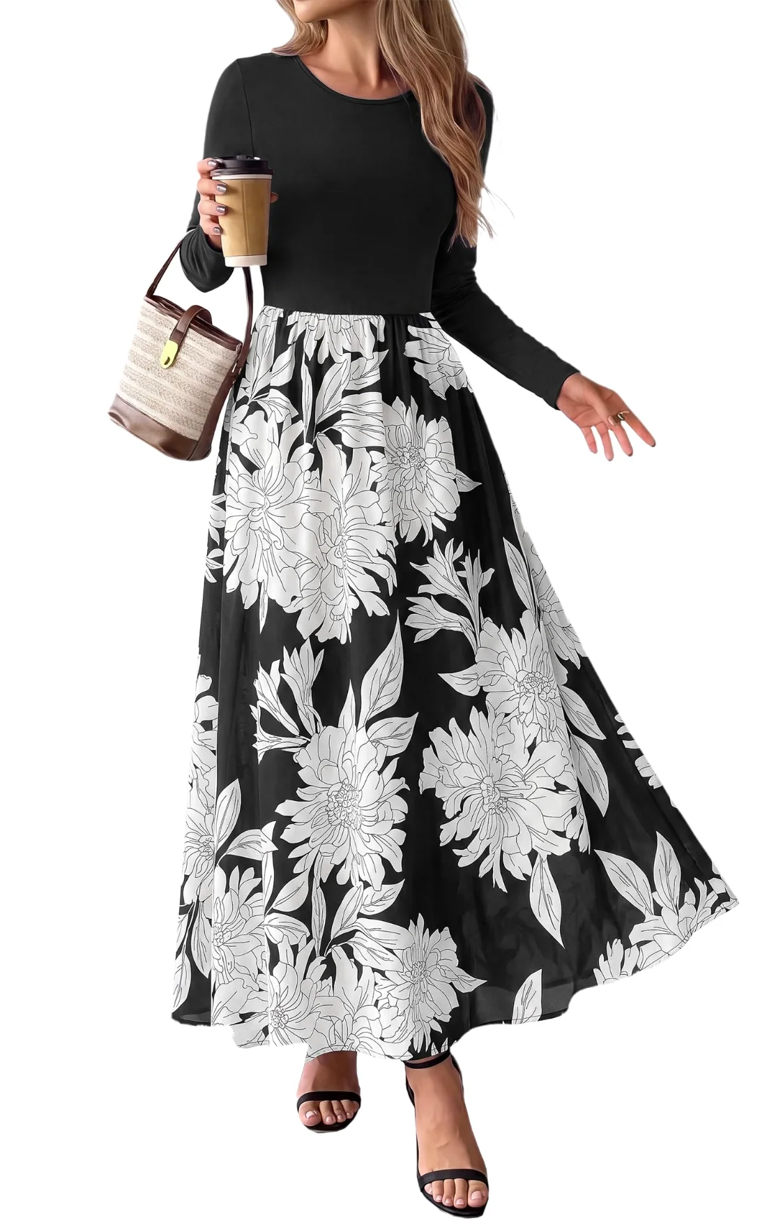 KIRUNDO Floral Long Sleeve Flowy Maxi Dress in Black