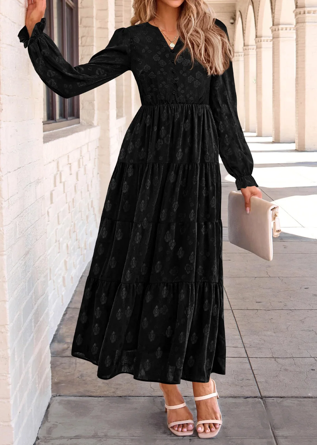 KIRUNDO Floral Ruffle Long Sleeve Maxi Dress in Black, view 3