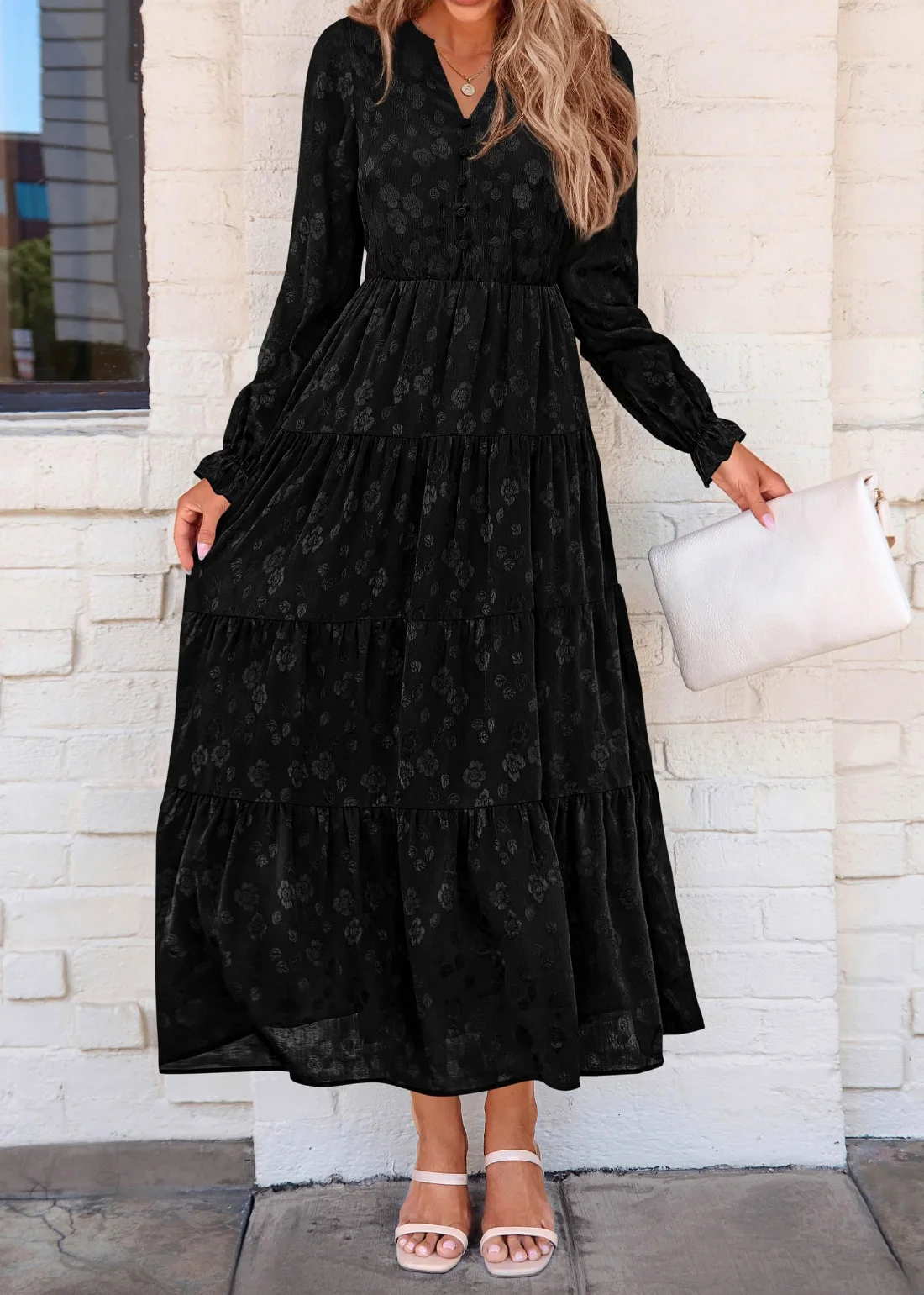 KIRUNDO Floral Ruffle Long Sleeve Maxi Dress in Black, view 4