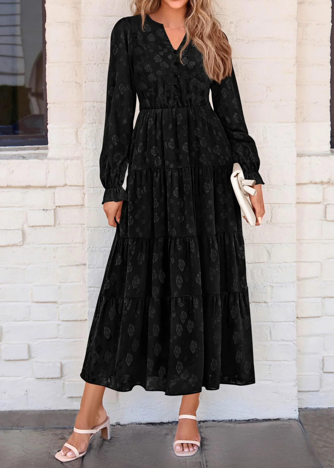KIRUNDO Floral Ruffle Long Sleeve Maxi Dress in Black, view 5