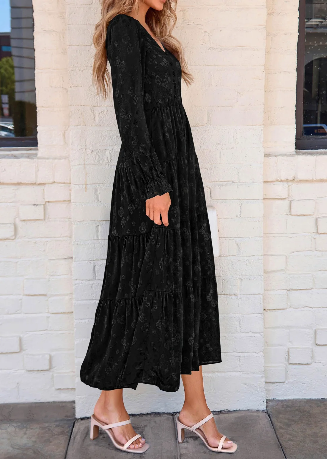 KIRUNDO Floral Ruffle Long Sleeve Maxi Dress in Black, view 6
