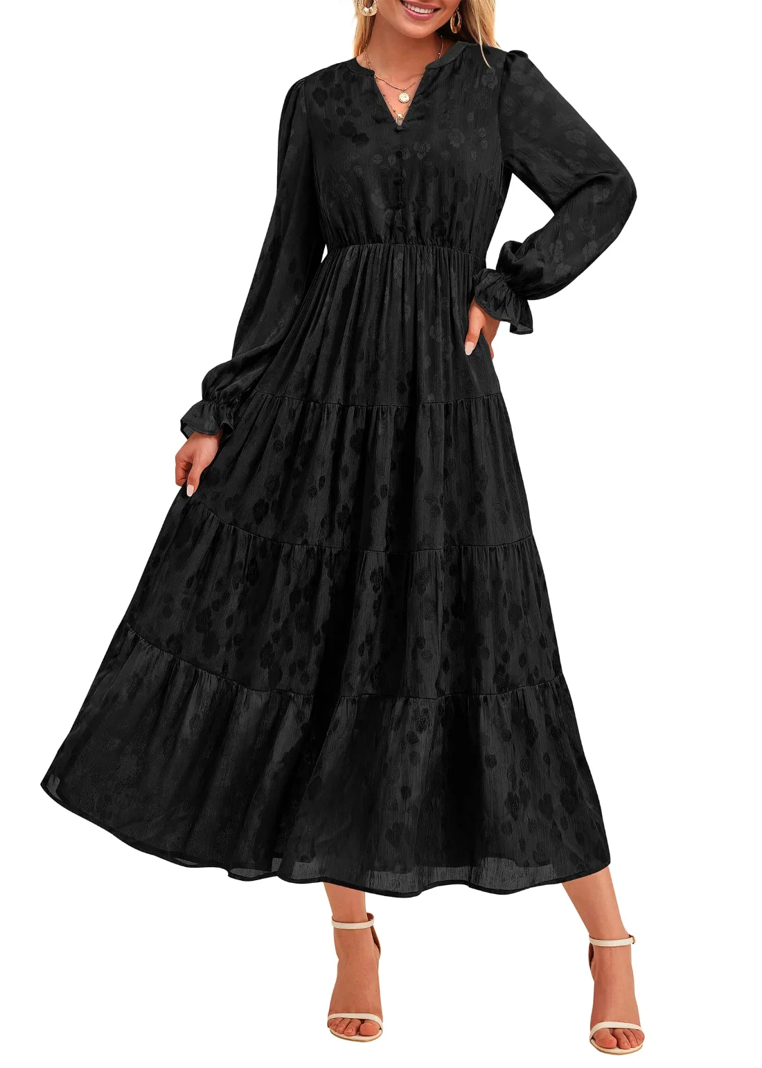 KIRUNDO Floral Ruffle Long Sleeve Maxi Dress in Black