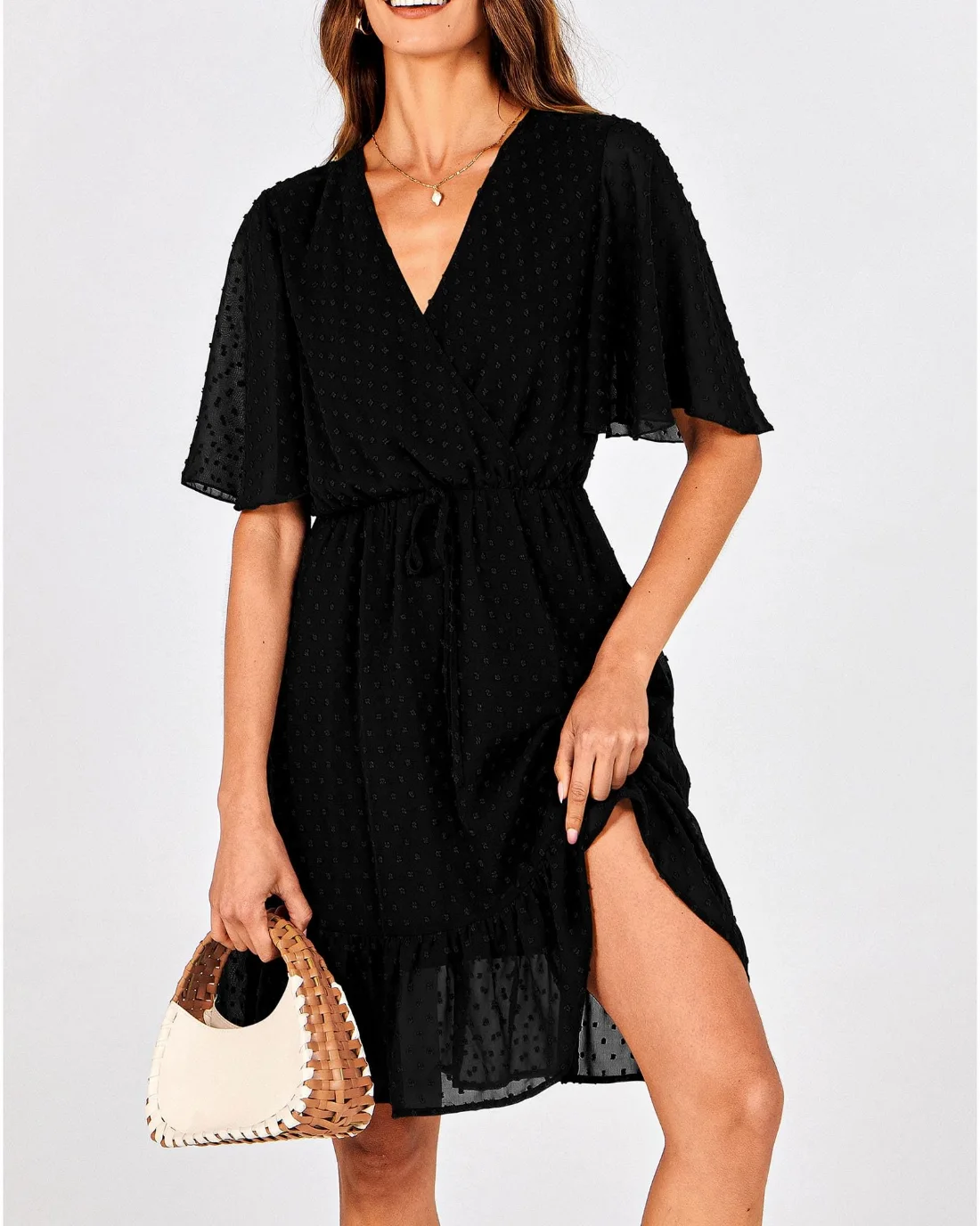 KIRUNDO Floral Ruffle V-Neck Mini Dress in Black, view 3
