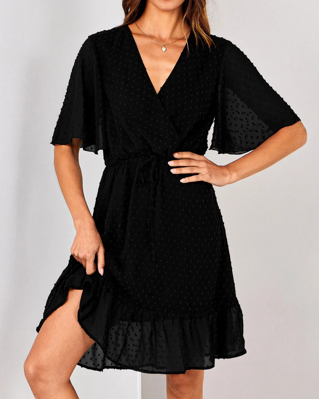 KIRUNDO Floral Ruffle V-Neck Mini Dress in Black, view 4