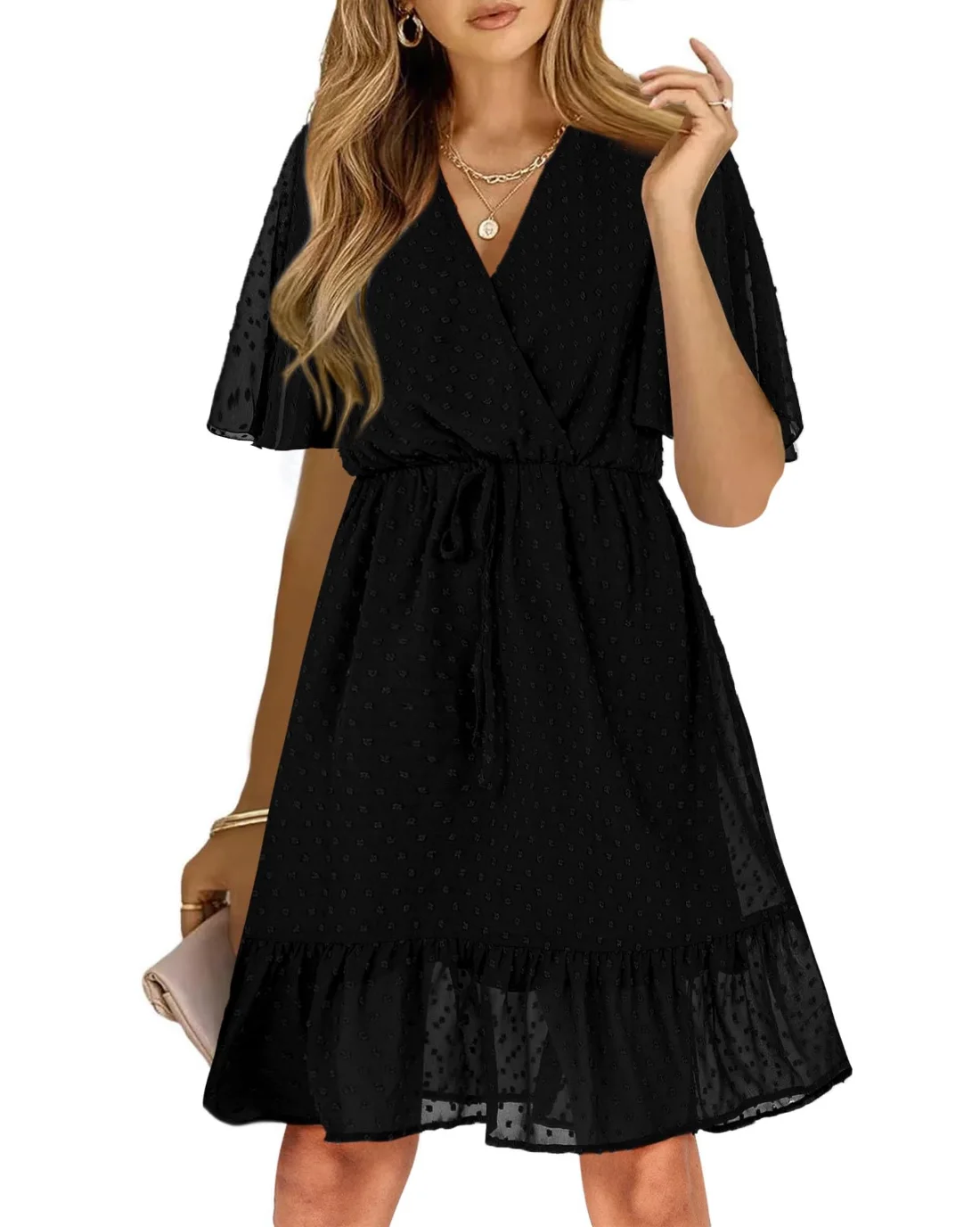 KIRUNDO Floral Ruffle V-Neck Mini Dress in Black