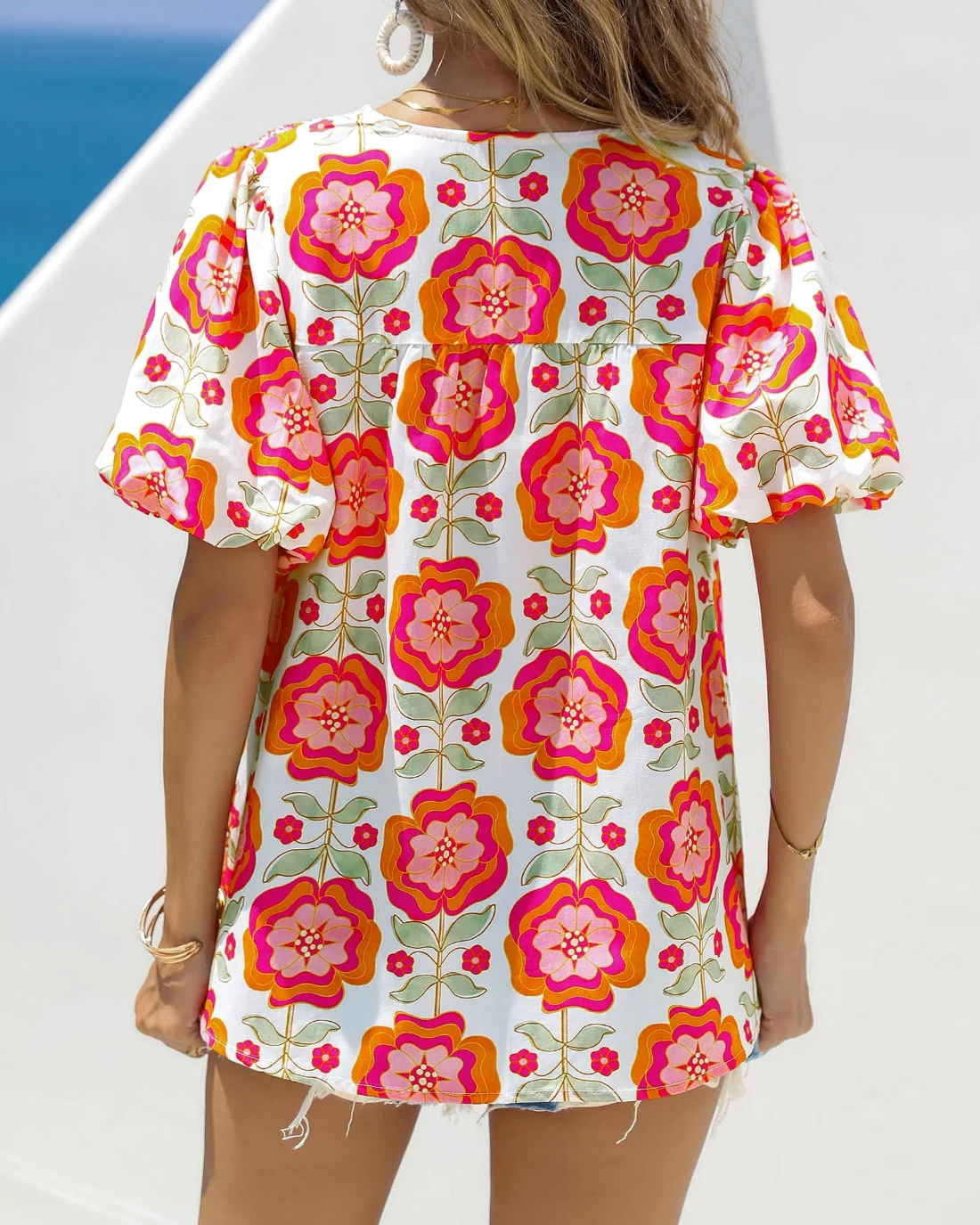 KIRUNDO Floral Short Sleeve Boho Blouse in White Pink Flower, view 3
