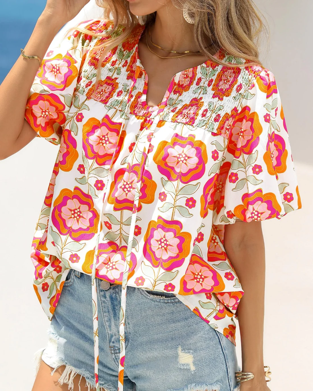 KIRUNDO Floral Short Sleeve Boho Blouse in White Pink Flower, view 4