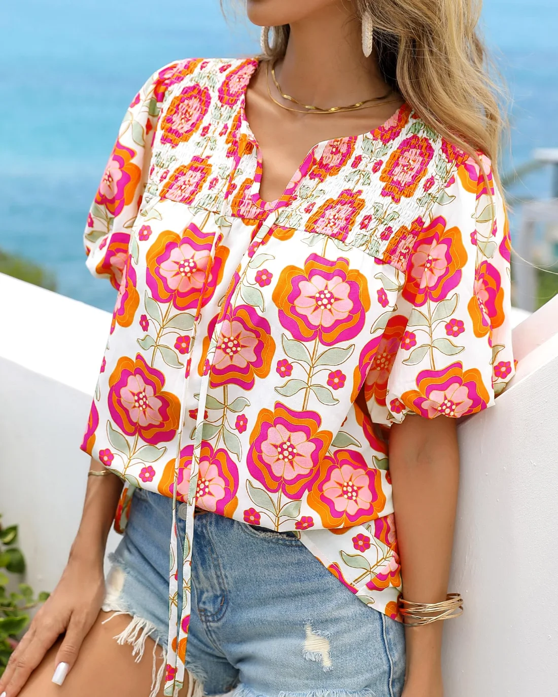 KIRUNDO Floral Short Sleeve Boho Blouse in White Pink Flower, view 5