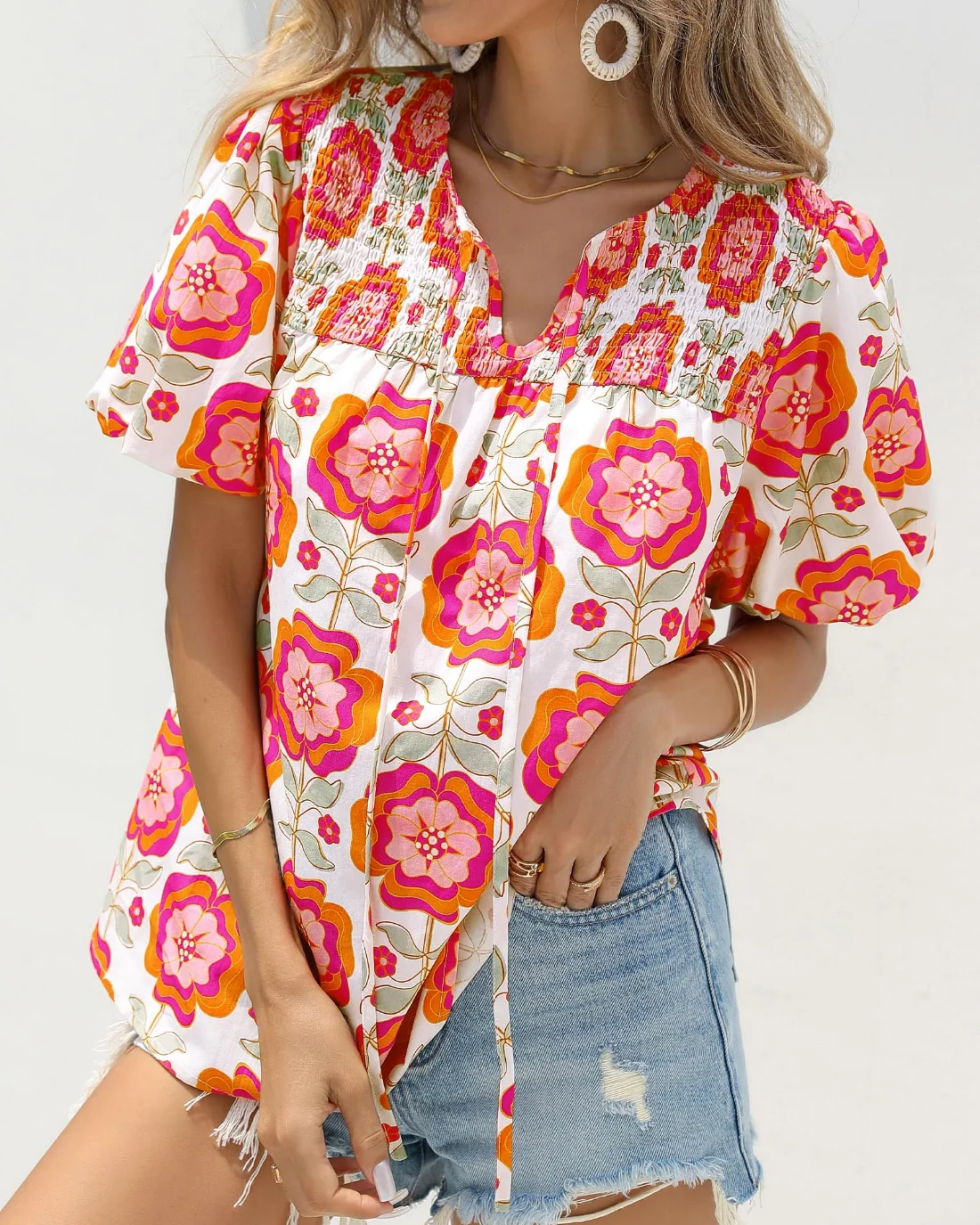 KIRUNDO Floral Short Sleeve Boho Blouse in White Pink Flower, view 6