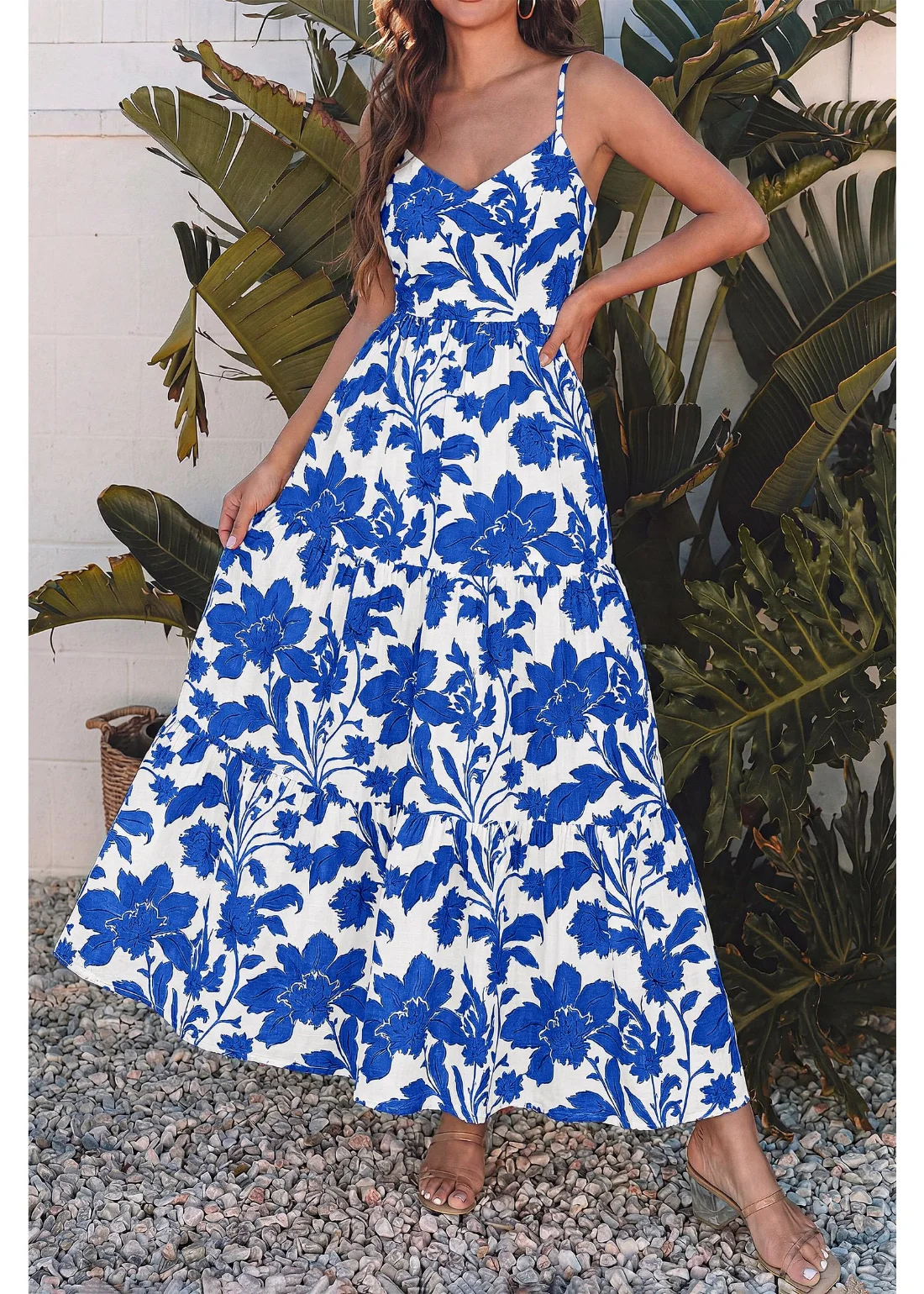 KIRUNDO Floral Spaghetti Strap Tiered Maxi Dress in White Blue Flower, view 3