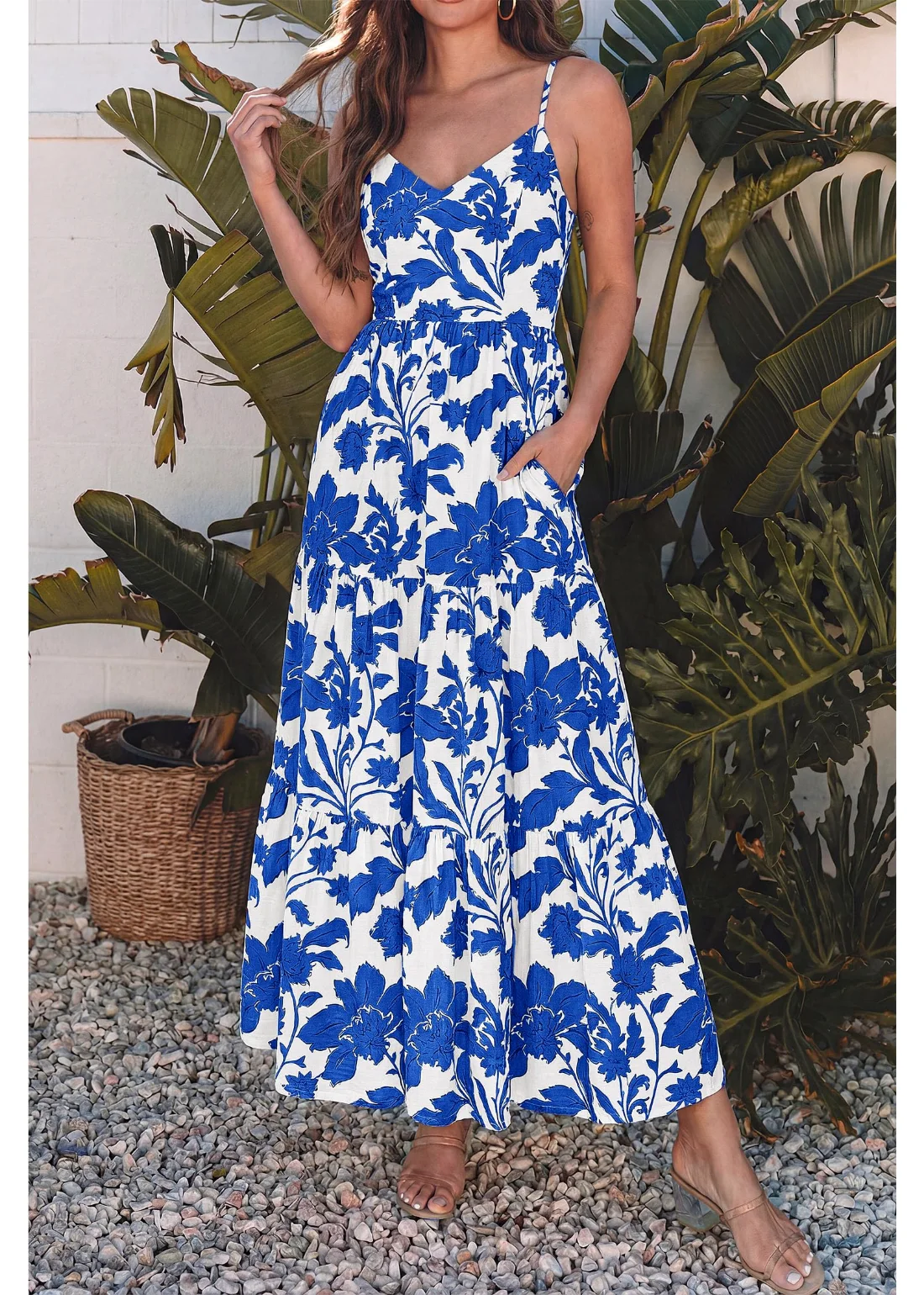 KIRUNDO Floral Spaghetti Strap Tiered Maxi Dress in White Blue Flower, view 4