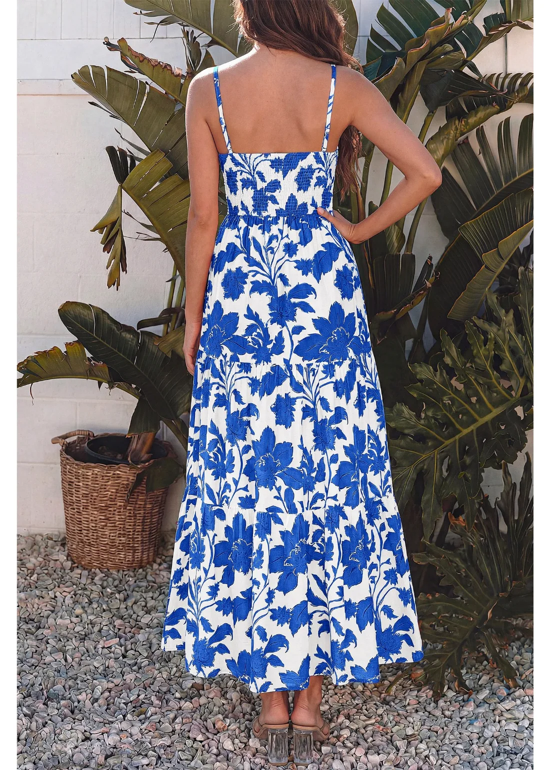 KIRUNDO Floral Spaghetti Strap Tiered Maxi Dress in White Blue Flower, view 5
