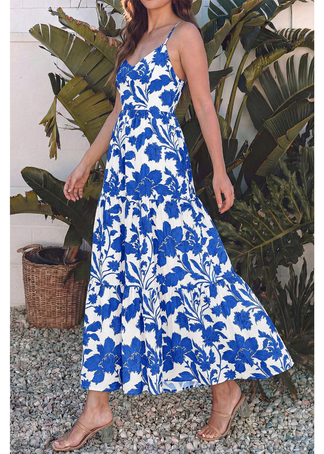 KIRUNDO Floral Spaghetti Strap Tiered Maxi Dress in White Blue Flower, view 6