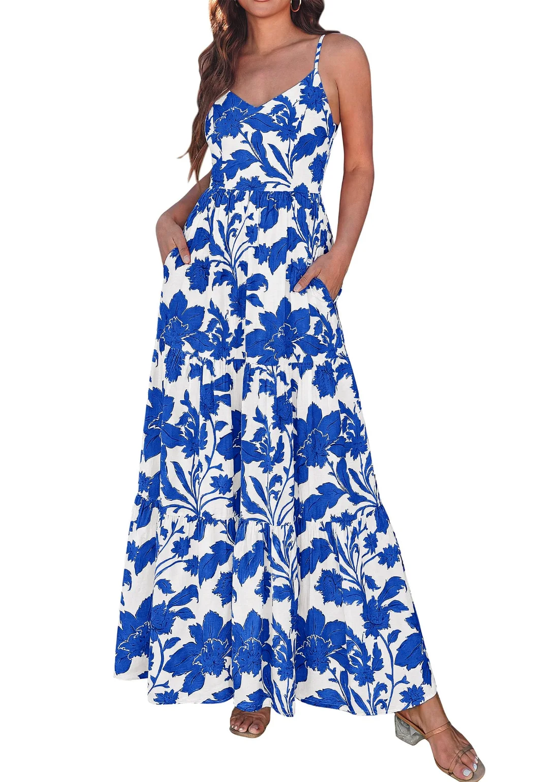 KIRUNDO Floral Spaghetti Strap Tiered Maxi Dress in White Blue Flower