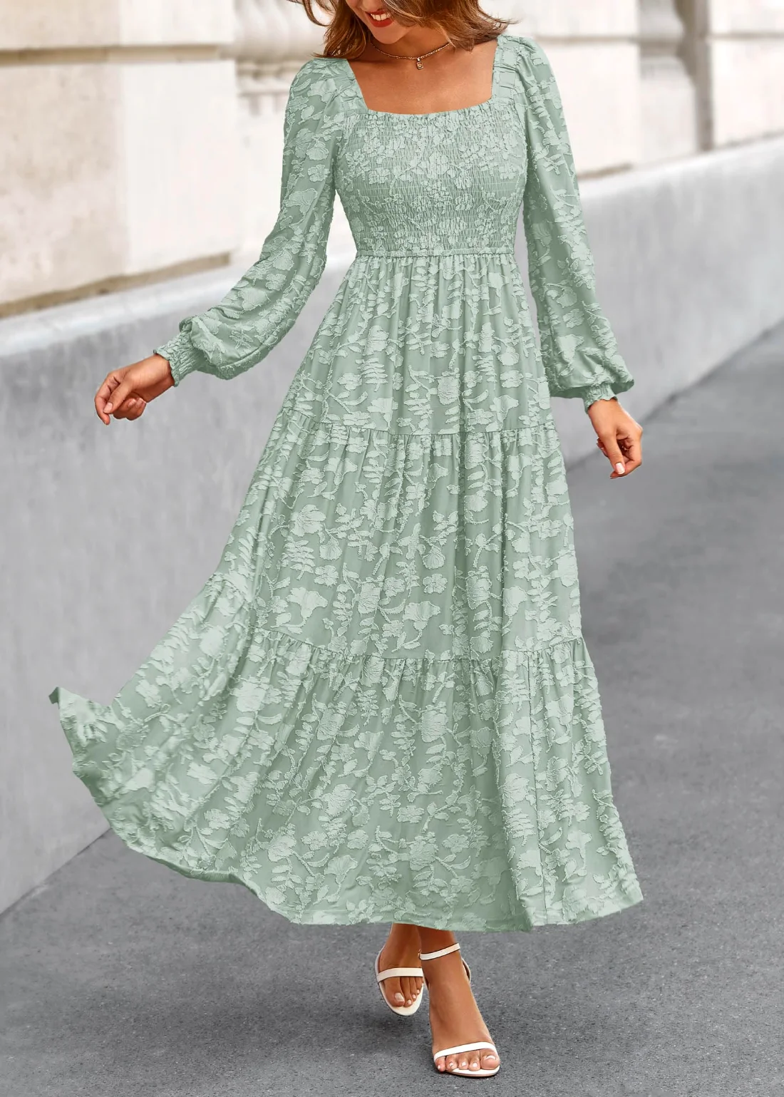 KIRUNDO Floral Square Neck Long Sleeve Maxi Dress in Sage Green, view 3