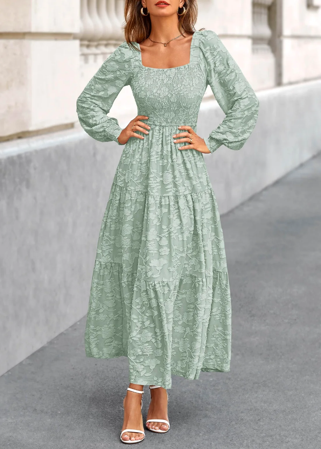 KIRUNDO Floral Square Neck Long Sleeve Maxi Dress in Sage Green, view 4