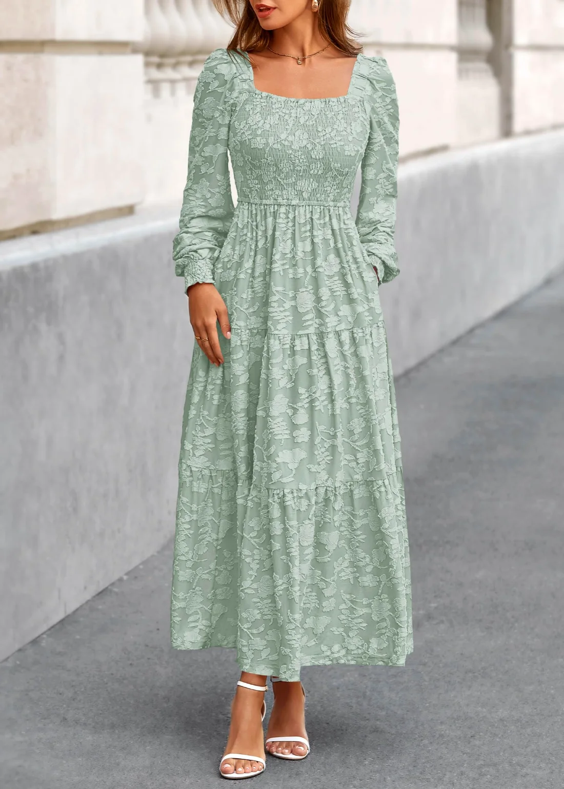 KIRUNDO Floral Square Neck Long Sleeve Maxi Dress in Sage Green, view 5