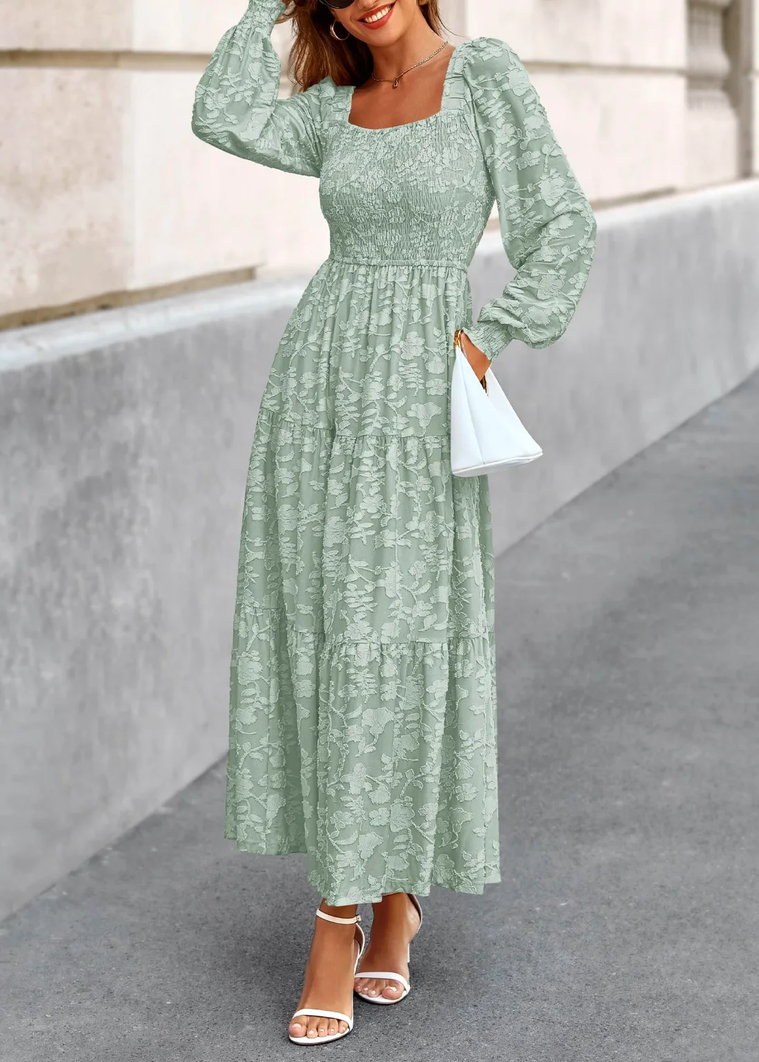 KIRUNDO Floral Square Neck Long Sleeve Maxi Dress in Sage Green, view 6