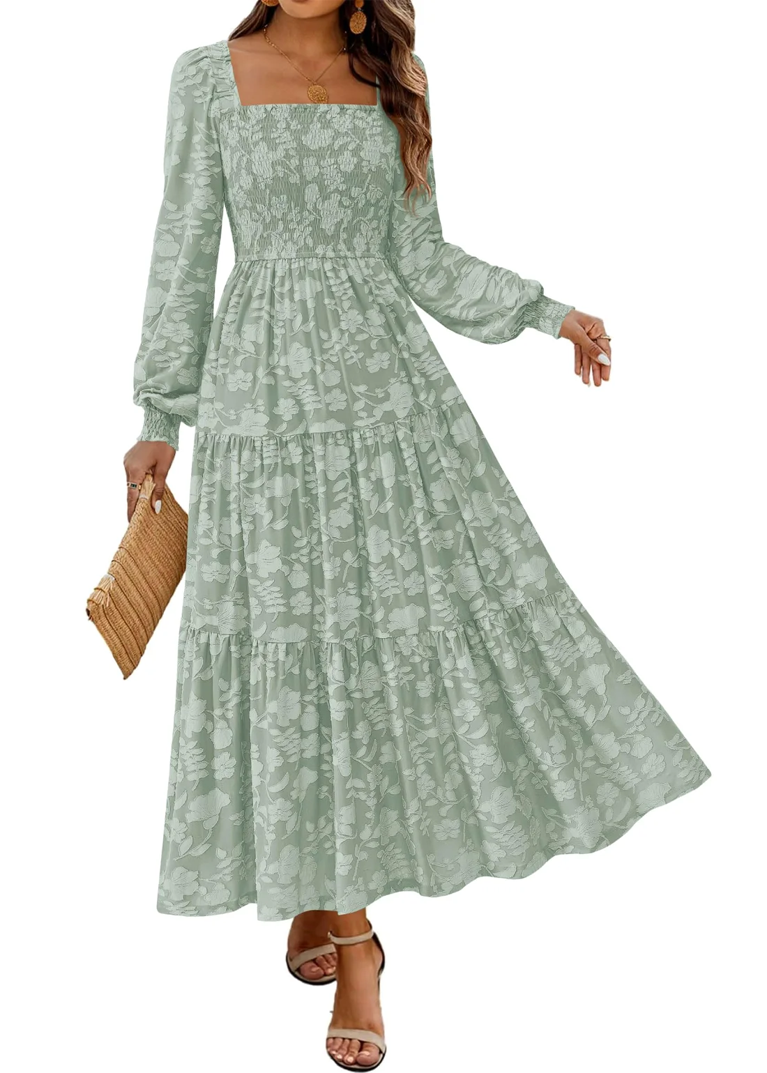 KIRUNDO Floral Square Neck Long Sleeve Maxi Dress in Sage Green