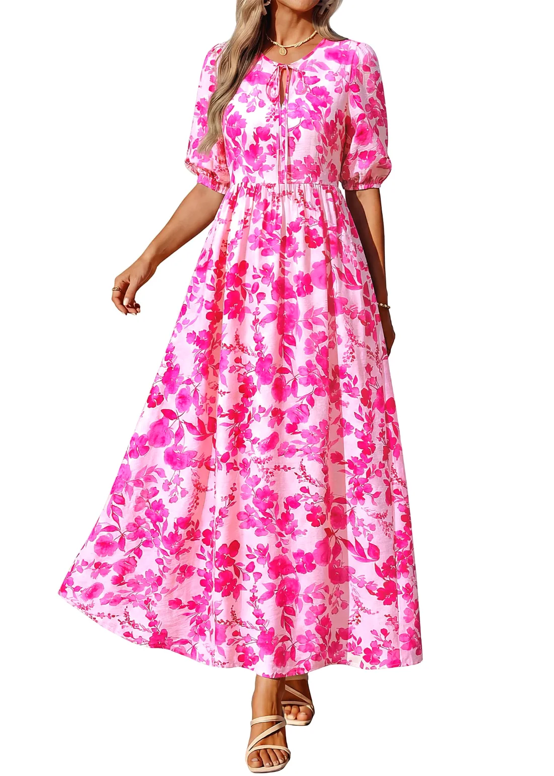 KIRUNDO Floral Three-Quarter Sleeve Maxi Dress in Rose Red, view 3