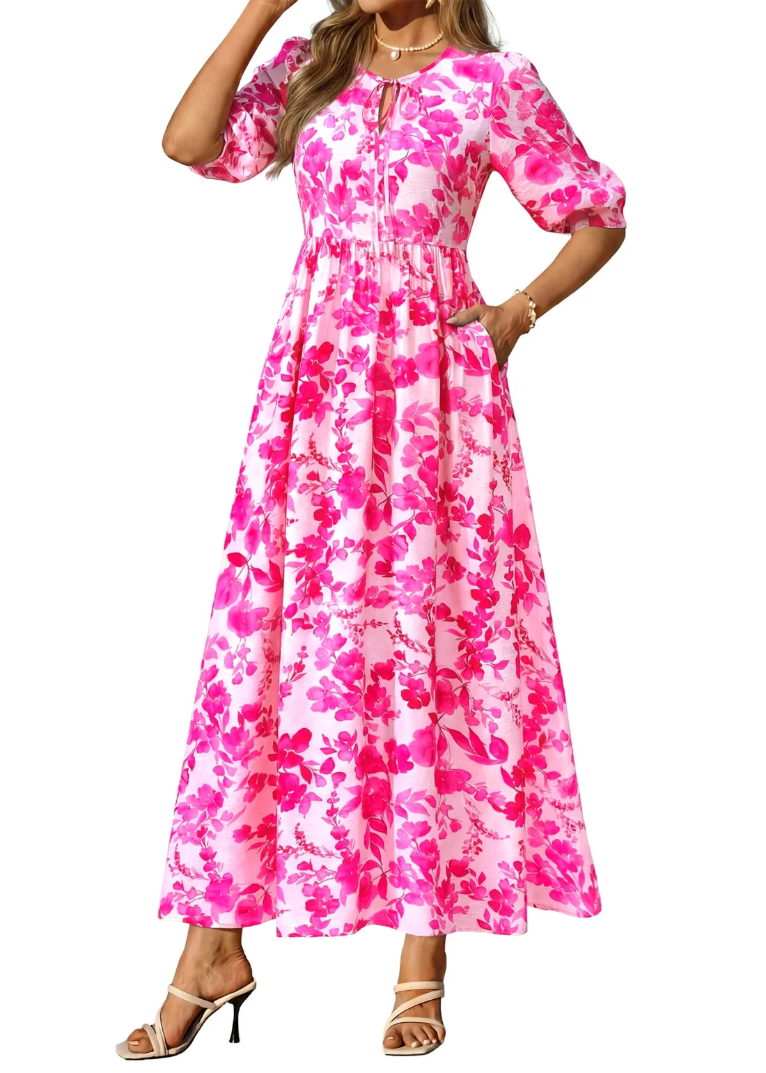 KIRUNDO Floral Three-Quarter Sleeve Maxi Dress in Rose Red, view 4