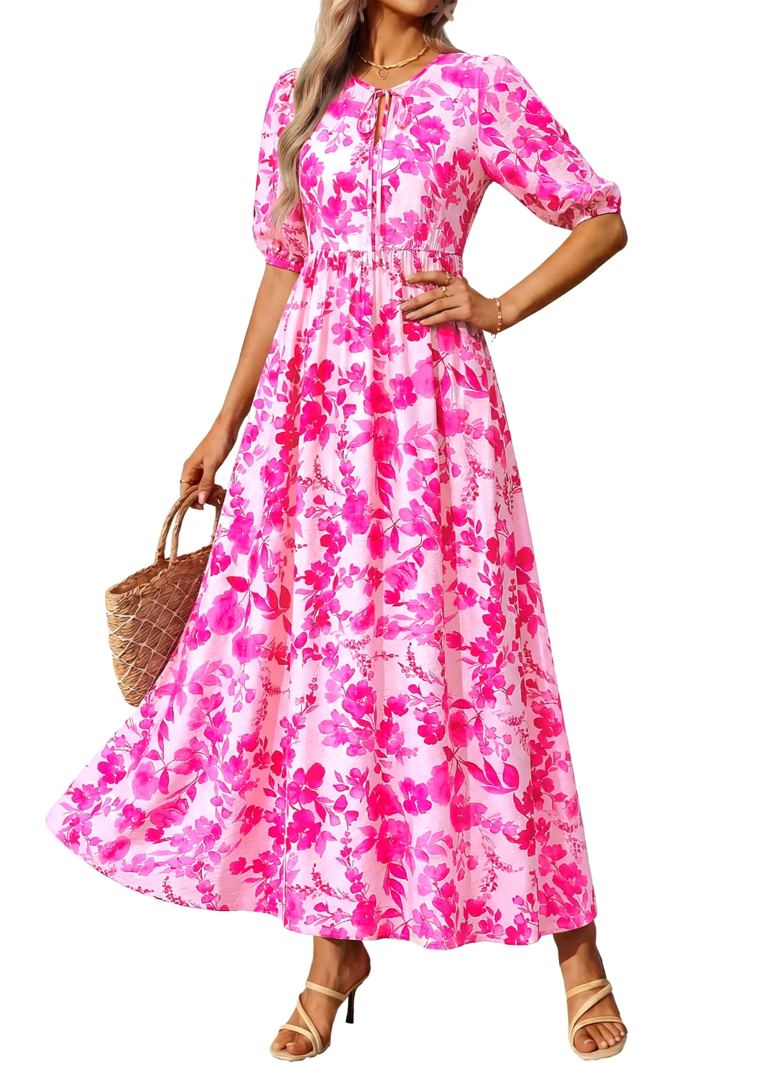 KIRUNDO Floral Three-Quarter Sleeve Maxi Dress in Rose Red, view 5