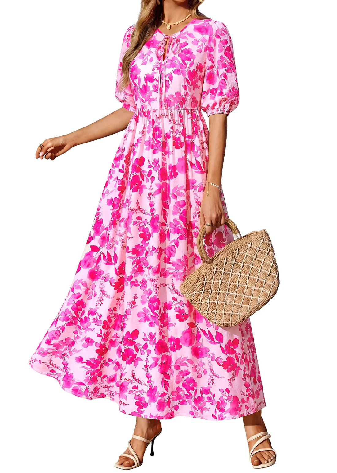 KIRUNDO Floral Three-Quarter Sleeve Maxi Dress in Rose Red, view 6