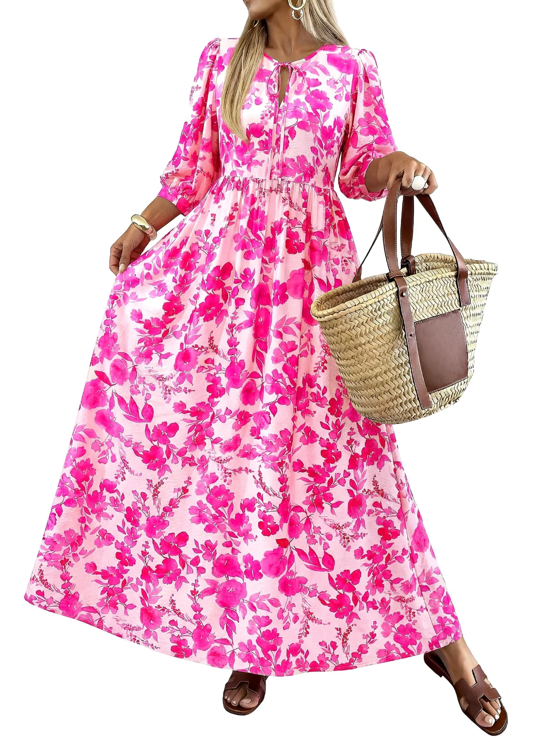 KIRUNDO Floral Three-Quarter Sleeve Maxi Dress in Rose Red