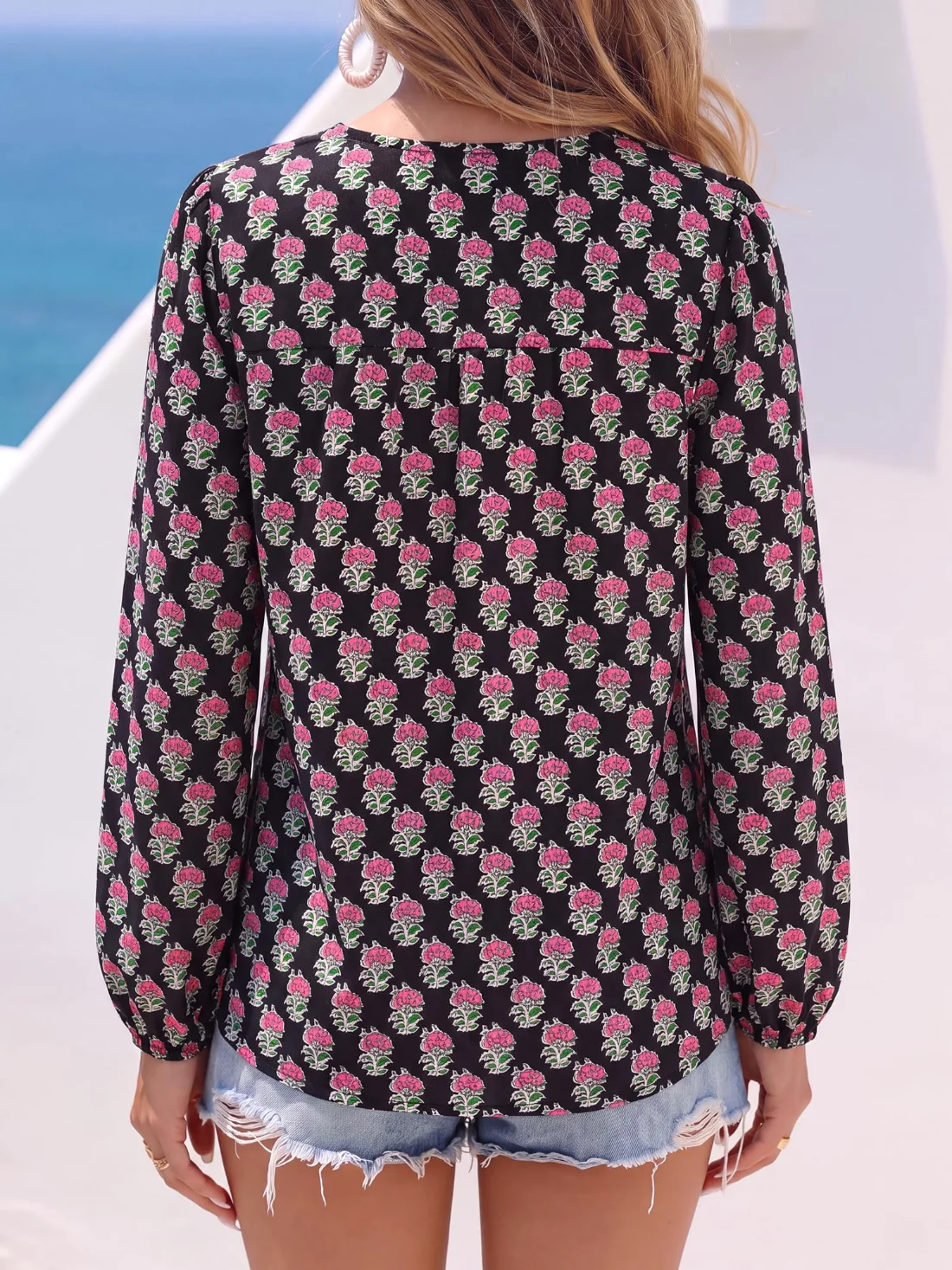 KIRUNDO Floral V-Neck Boho Blouse in Black Pink Floral, view 3