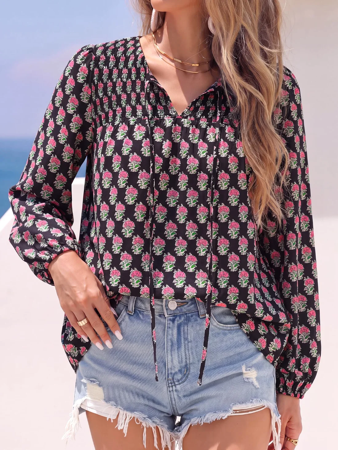KIRUNDO Floral V-Neck Boho Blouse in Black Pink Floral, view 4