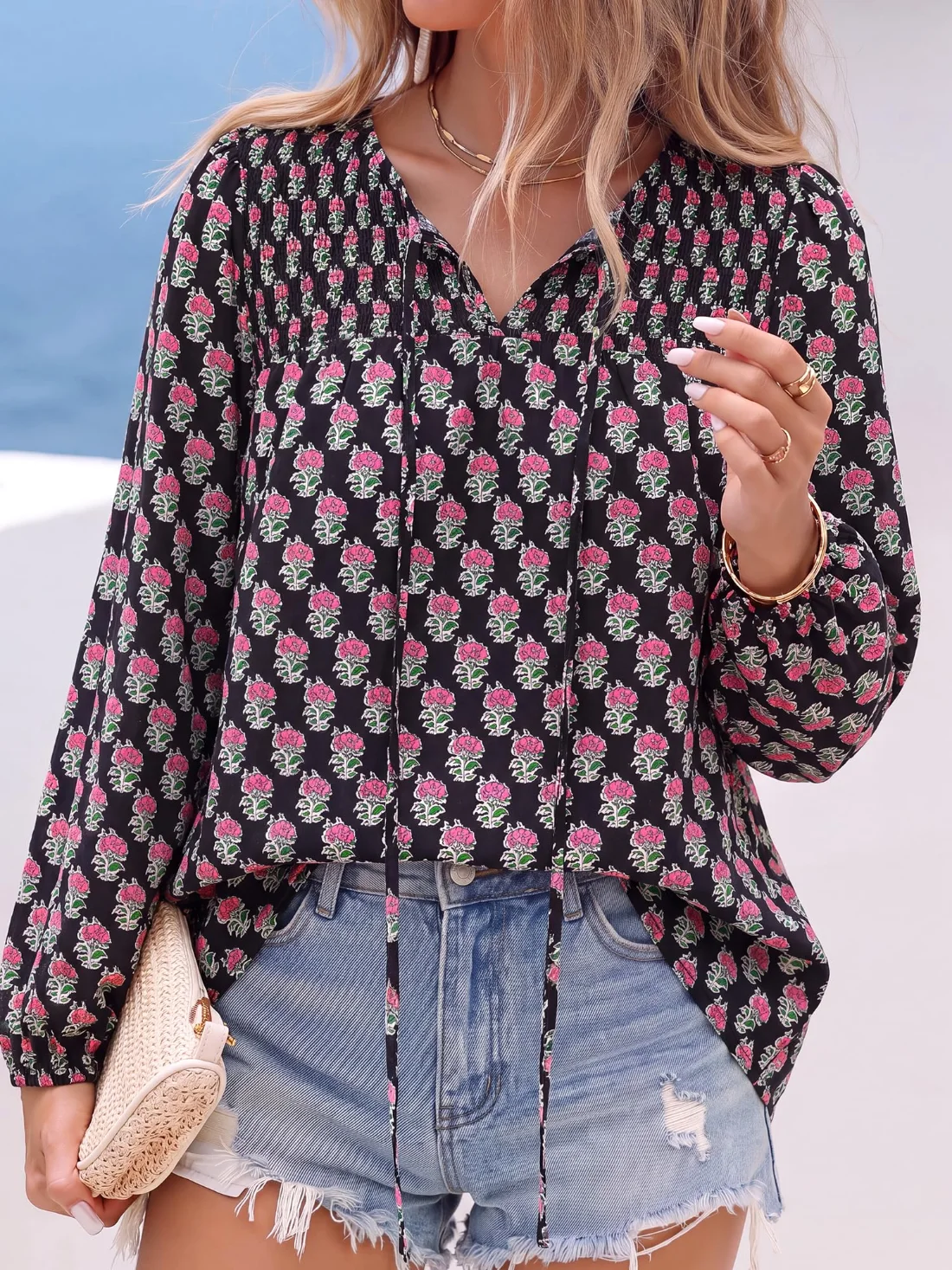 KIRUNDO Floral V-Neck Boho Blouse in Black Pink Floral, view 5