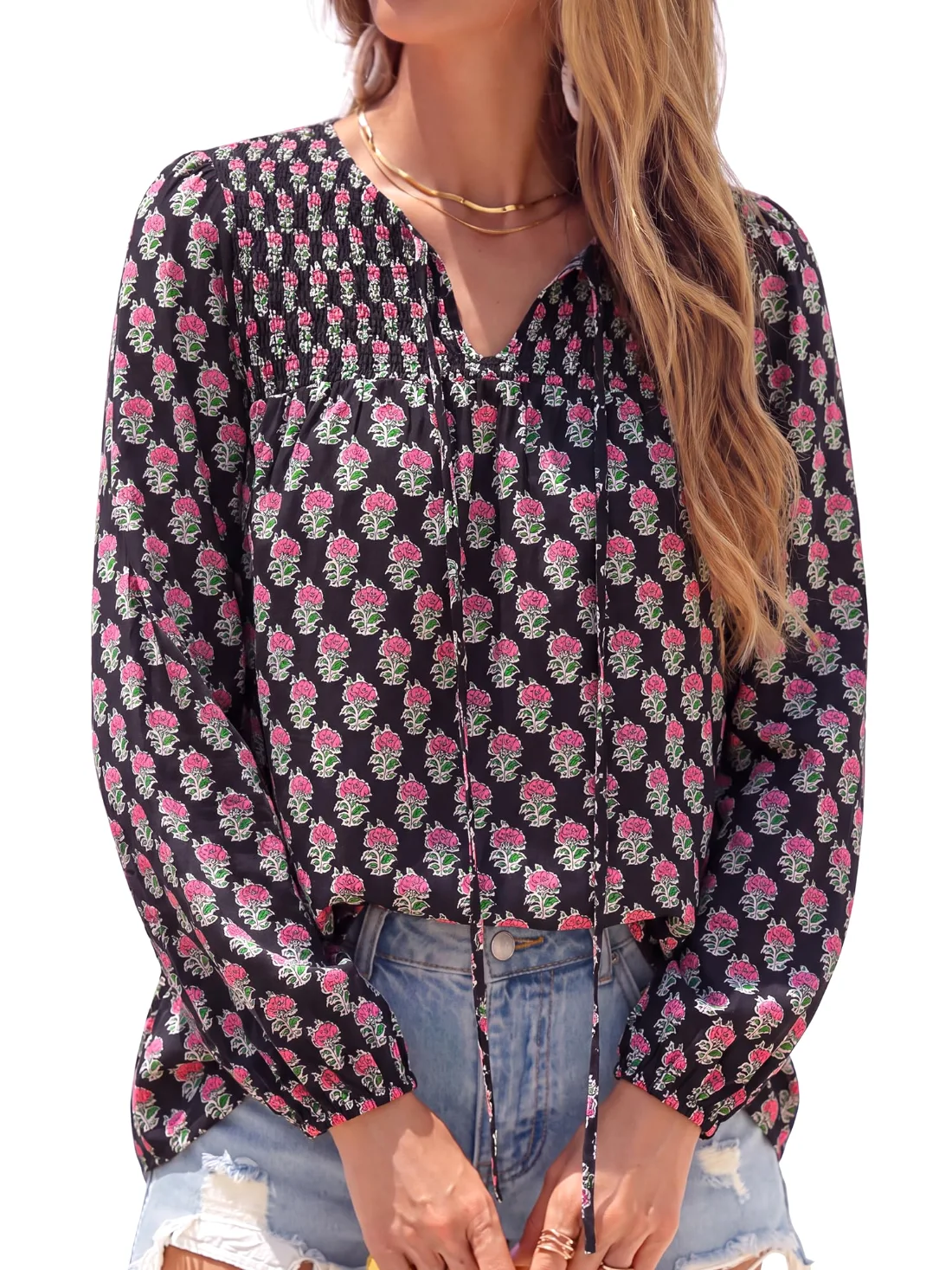 KIRUNDO Floral V-Neck Boho Blouse in Black Pink Floral, view 6