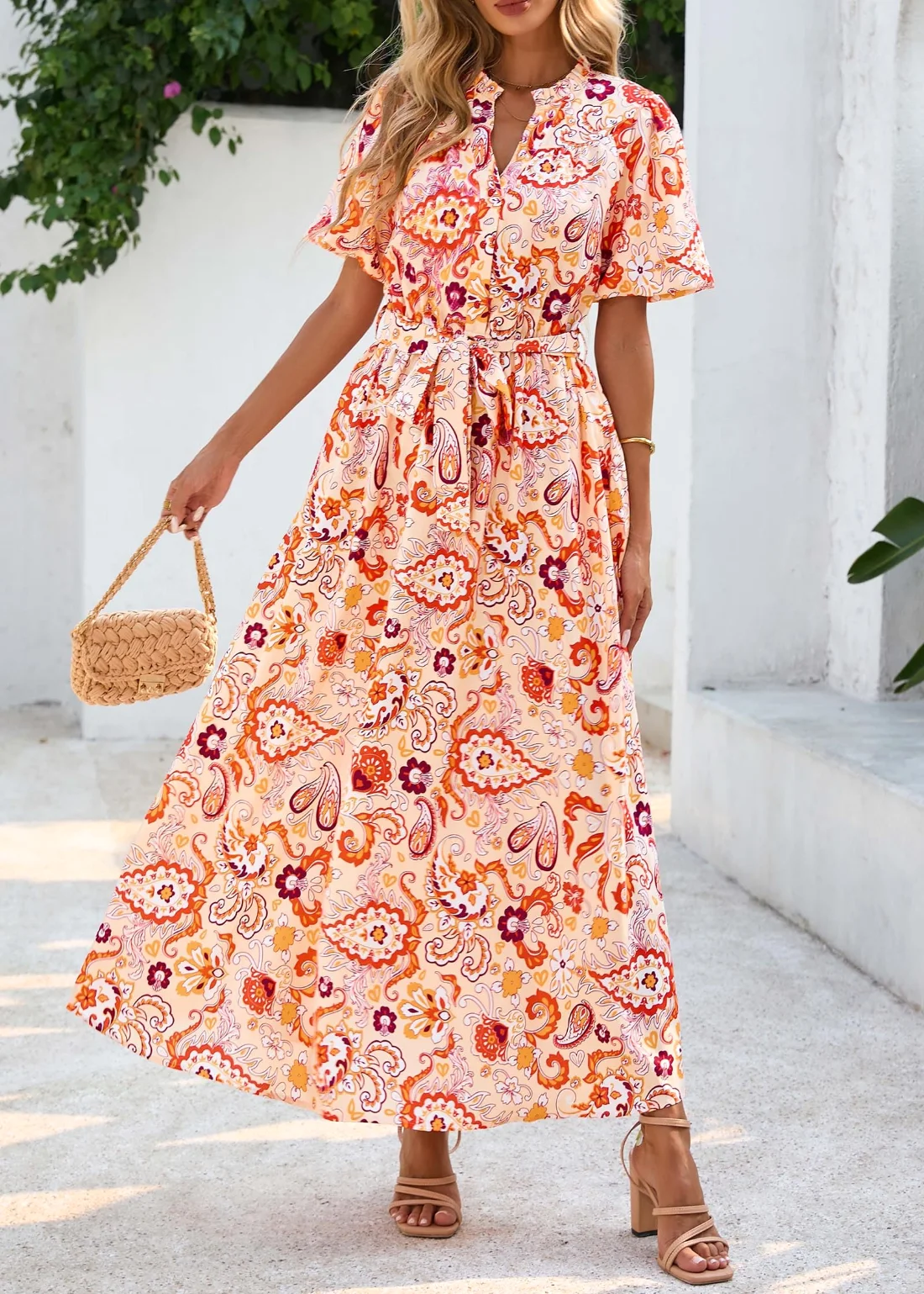 KIRUNDO Floral V-Neck Puff Sleeve Maxi Dress in Orange, view 3