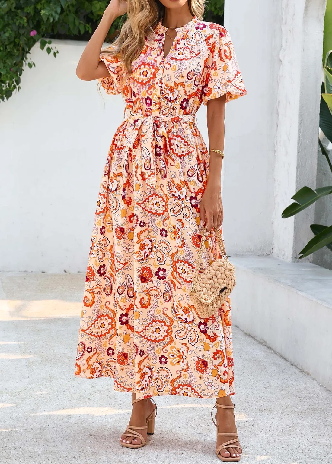 KIRUNDO Floral V-Neck Puff Sleeve Maxi Dress in Orange, view 4