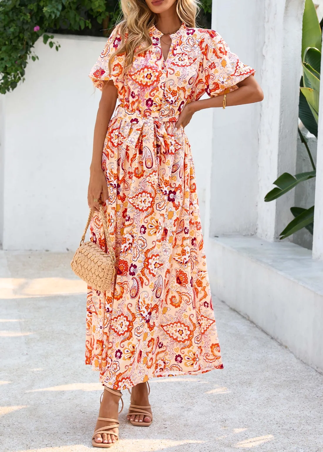 KIRUNDO Floral V-Neck Puff Sleeve Maxi Dress in Orange, view 5