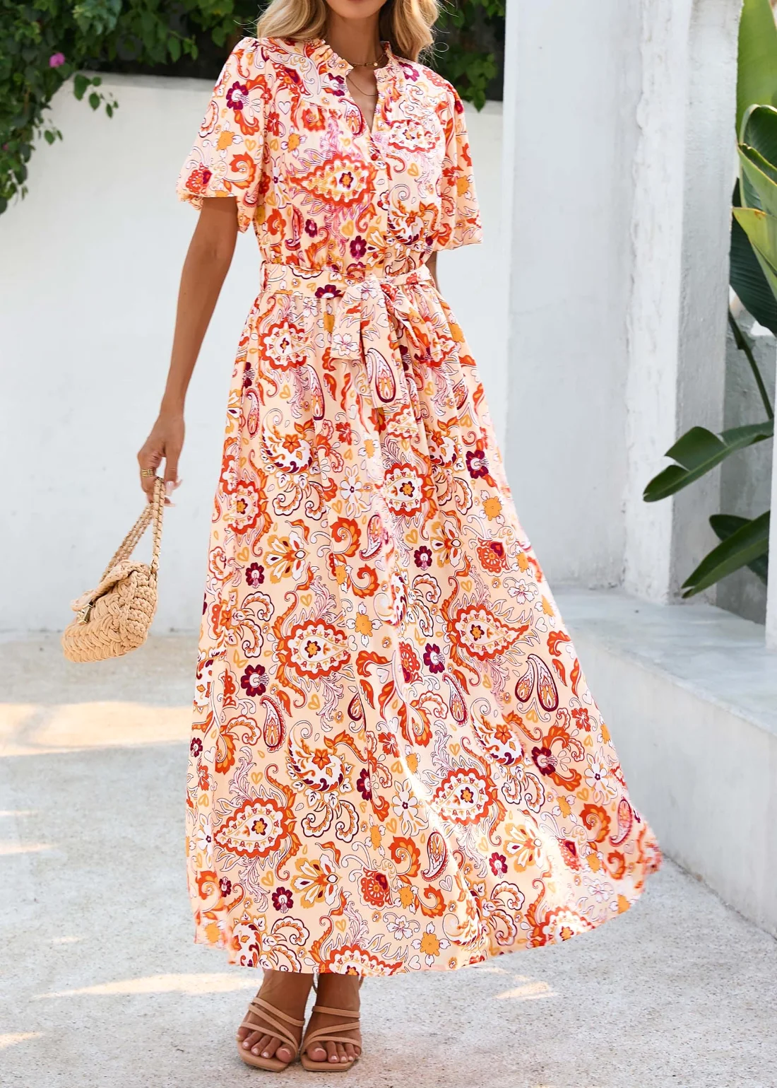 KIRUNDO Floral V-Neck Puff Sleeve Maxi Dress in Orange, view 6