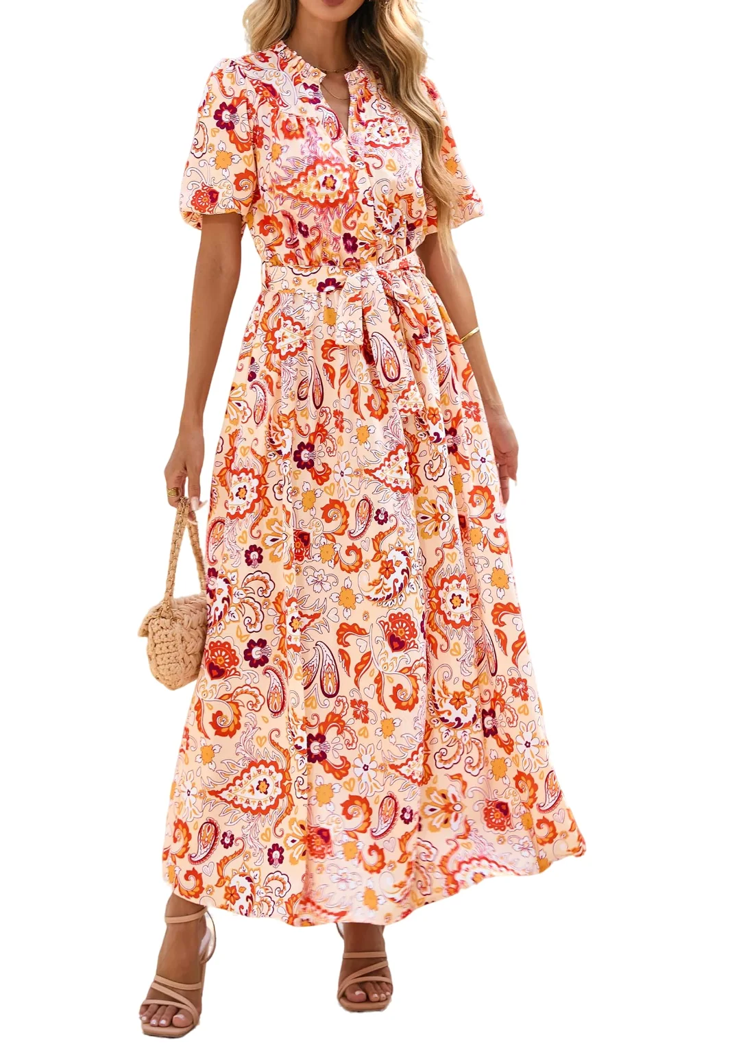 KIRUNDO Floral V-Neck Puff Sleeve Maxi Dress in Orange