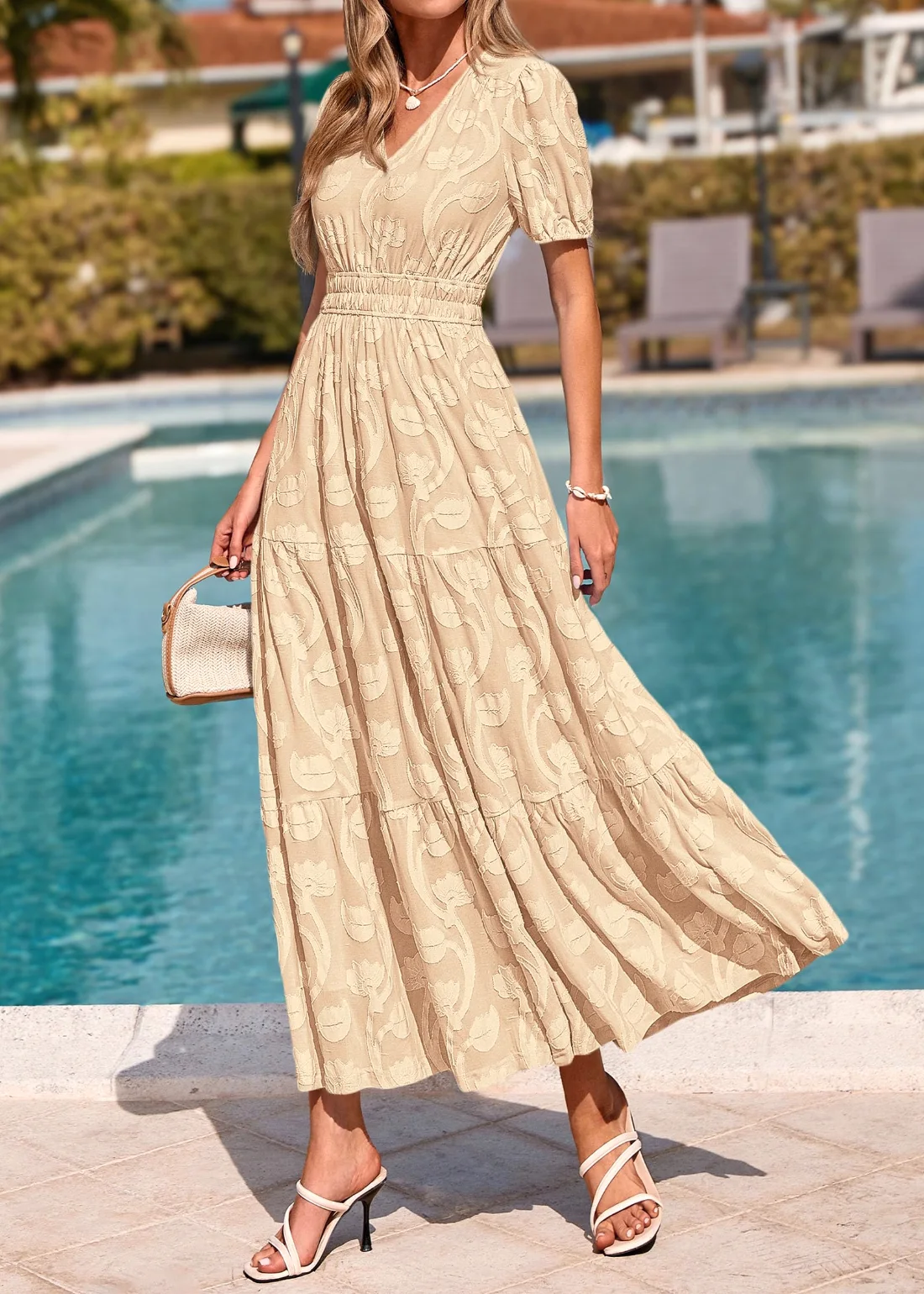 KIRUNDO Floral V-Neck Short Sleeve Maxi Dress in Apricot, view 3